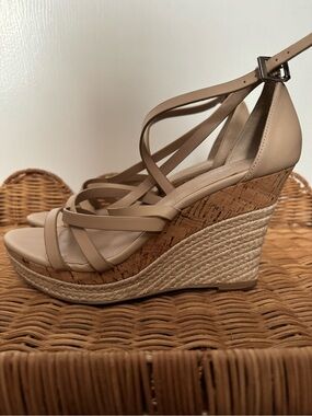 Charles By Charles David Neutral Beige Strappy Cork Espadrille Wedges
